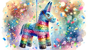Festive donkey pinata with confetti.