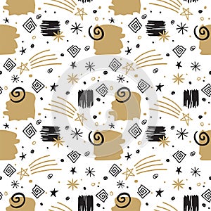 Festive Doodle Black and Gold Stars and Swirls on White Background Seamless Pattern