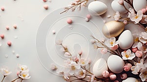 A festive Easter background featuring a minimalist frame adorned with delicate pastel flowers.