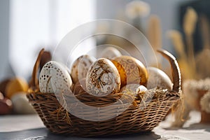 Festive Easter Basket with Brightly Colored Eggs against a Soft, Blurred Background
