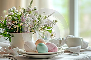 festive Easter breakfast serving of colored eggs on a plate and compositions of spring delicate flowers, the concept of Easter