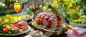 Festive Easter Brunch Spread with Glazed Ham, easter eggs, salads, assorted appetizers and spring flowers in garden