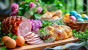 Festive Easter Brunch Spread with Glazed Ham, easter eggs, salads, assorted appetizers and spring flowers in garden