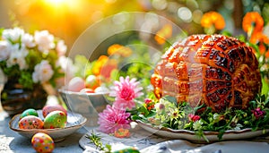 Festive Easter Brunch Spread with Glazed Ham, easter eggs, salads, assorted appetizers and spring flowers in garden