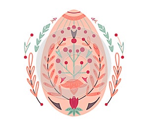 Festive Easter card. Flat illustration of a festive egg with a geometric nature pattern in a wreath of tribal decorations. Festive