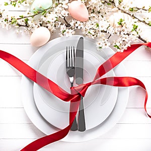 Festive easter or christmas table setting, holiday table home decor