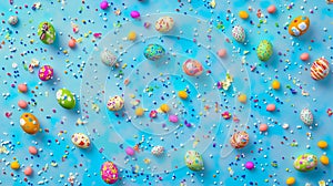 Festive Easter Egg Display With Confetti And Bright Candy On Blue Background