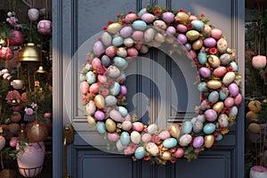 Festive Easter egg wreath hanging on a door as a