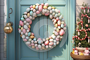 Festive Easter egg wreath hanging on a door as a