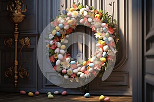 Festive Easter egg wreath hanging on a door as a