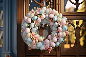 Festive Easter egg wreath hanging on a door as a