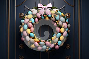 Festive Easter egg wreath hanging on a door as a