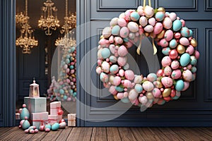 Festive Easter egg wreath hanging on a door as a