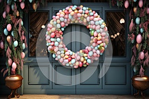 Festive Easter egg wreath hanging on a door as a