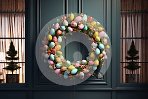 Festive Easter egg wreath hanging on a door as a