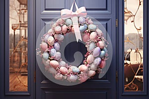 Festive Easter egg wreath hanging on a door as a