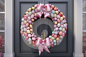 Festive Easter egg wreath hanging on a door as a