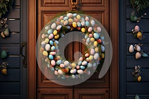 Festive Easter egg wreath hanging on a door as a