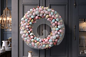 Festive Easter egg wreath hanging on a door as a