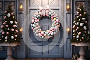 Festive Easter egg wreath hanging on a door as a