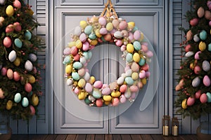 Festive Easter egg wreath hanging on a door as a