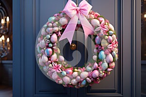 Festive Easter egg wreath hanging on a door as a