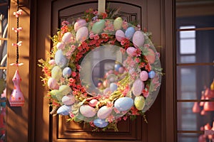 Festive Easter egg wreath hanging on a door as a