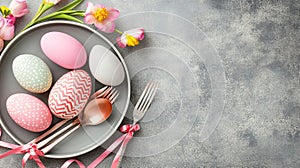 Festive Easter eggs on plate, spring flowers, grey table, holiday dinner