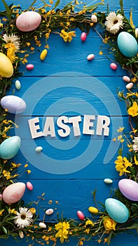 Festive Easter frame with flowers, eggs on blue wooden boards