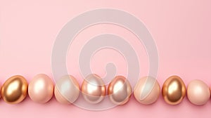 Festive Easter Holiday Gold and Beige Eggs on Soft Pink Background, space inscription