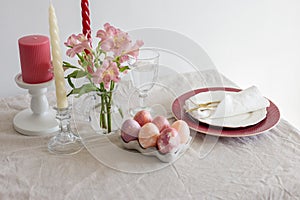 Festive Easter spring table setting with flowers