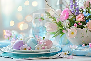 festive Easter table setting of colored eggs on a plate, compositions of delicate flowers, the concept of Easter design and