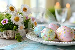 festive Easter table setting of colored eggs on a plate, compositions of spring delicate flowers in a wicker basket, the concept