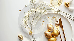 Festive Easter table setting with eggs and flowers. Elegance pastel and gold tablescapes photo