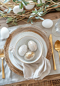 Festive Easter table setting with eggs and flowers. Elegance pastel and gold tablescapes photo