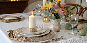 Easter table setting with candle and flowers