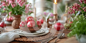 Festive Easter table setting with red Easter eggs, flowers and candles. Easter scene.