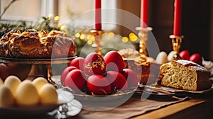Festive Easter Table Setting Red Eggs Sweet Bread Candlelight Celebration