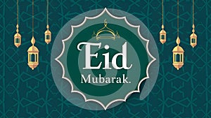 Festive Eid Mubarak greeting adorns traditional Islamic Eid poster