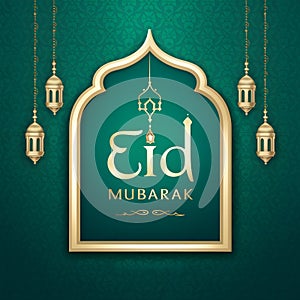 Festive Eid Mubarak greeting adorns traditional Islamic Eid poster