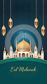 Festive Eid Mubarak Greeting Satellite card for joyous celebration