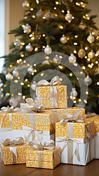 Festive Elegance: Beautiful Christmas Tree with Presents on Table - Closeup