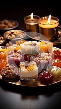 Festive ensemble Group of Indian mithai sweets adorned with a decorative diya