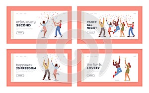 Festive Event Landing Page Template Set. Young Characters Hold Wine Glasses and Sparklers Celebrating Holiday, Drink