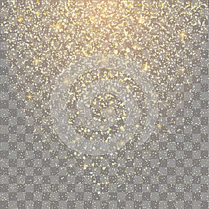 Festive explosion of confetti. Gold glitter background for the card, invitation.