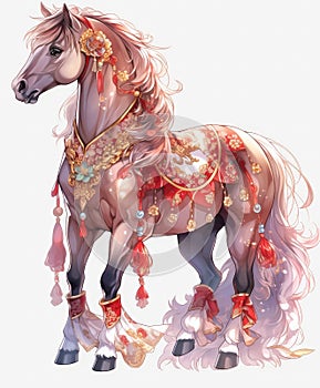 Festive Extravaganza: Chinese New Year Celebration with Golden Ornament Horse Zodiac, Symbolic Decor in Traditional Style