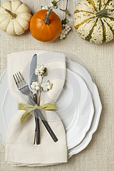 Festive fall autumn Thanksgiving table setting with natural botanical decorations and white fabric tablecloth background