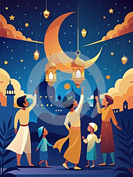 Festive Family Celebrating Ramadan Under Starry Night Sky