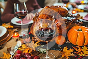 Festive family dinner turkey on table for thanksgiving, christmas, or new year s celebration