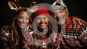 Festive Family Gathering: Happy Family in Christmas Sweaters Poses